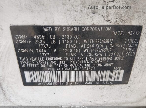 4S4BSAAC8J3374871 2018 SUBARU OUTBACK White ძრავის განყოფილების ხედი