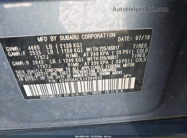 4S4BSAAC8J3394635 2018 SUBARU OUTBACK Blue Vista del compartimento del motor