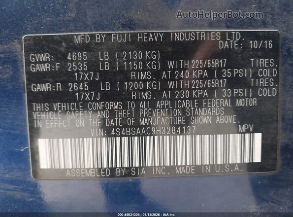 4S4BSAAC9H3284137 2017 SUBARU OUTBACK Blue Շարժիչի բաժամունքի տեսք