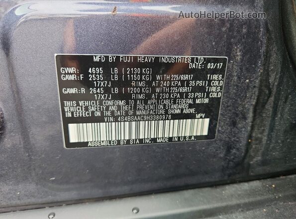 4S4BSAAC9H3380978 2017 SUBARU OUTBACK Blue VIN კოდის სტიკერის ხედი