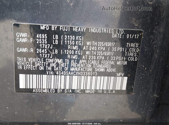 4S4BSAACXH3338013 2017 SUBARU OUTBACK Blue Вид підкапотного простору