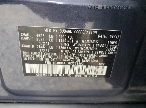 4S4BSAACXH3383503 2017 SUBARU OUTBACK Blue VIN sticker view