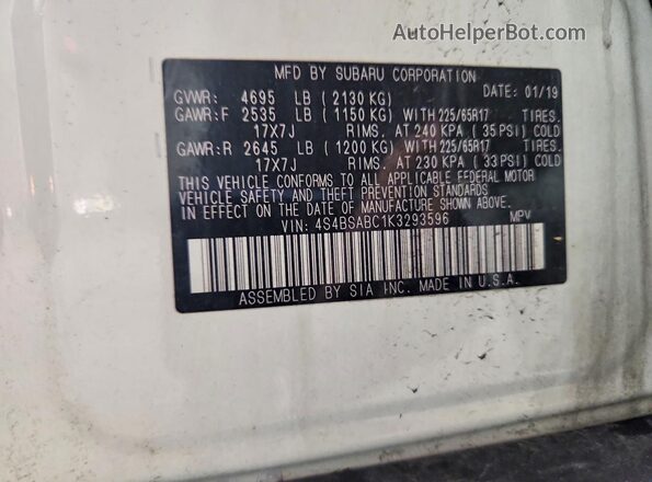 4S4BSABC1K3293596 2019 SUBARU OUTBACK White Widok naklejki z numerem VIN