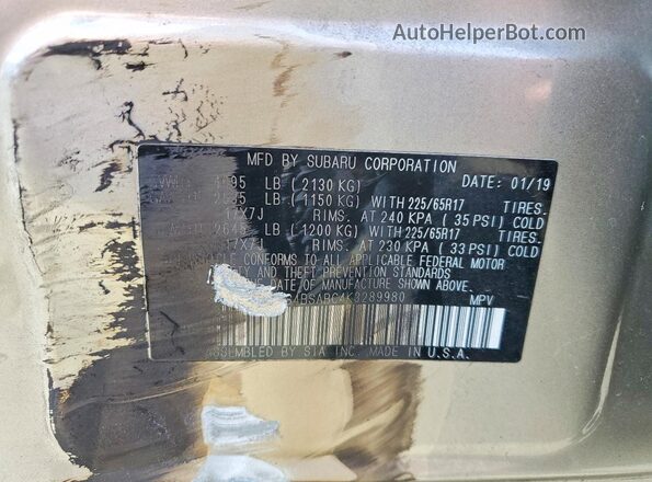 4S4BSABC4K3289980 2019 SUBARU OUTBACK Gold Engine compartment view