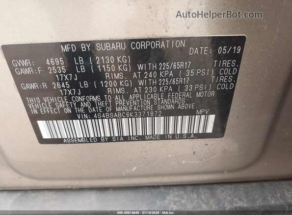 4S4BSABC6K3371872 2019 SUBARU OUTBACK Gold Vista del compartimento del motor