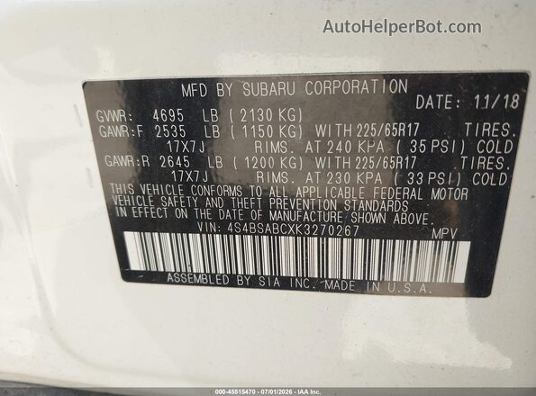 4S4BSABCXK3270267 2019 SUBARU OUTBACK White Вид підкапотного простору
