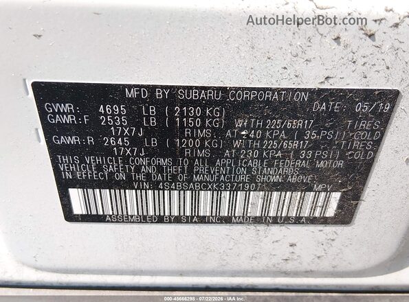4S4BSABCXK3371907 2019 SUBARU OUTBACK White ძრავის განყოფილების ხედი