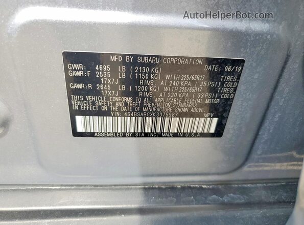 4S4BSABCXK3375987 2019 SUBARU OUTBACK Silver Vista de la etiqueta del VIN