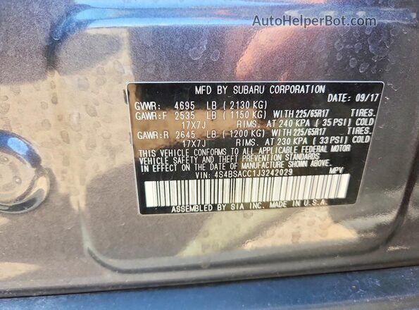 4S4BSACC1J3242029 2018 SUBARU OUTBACK Серый Вид подкапотного пространства