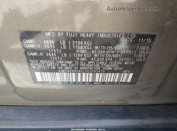 4S4BSACC2G3262475 2016 SUBARU OUTBACK Green Vista del compartimento del motor