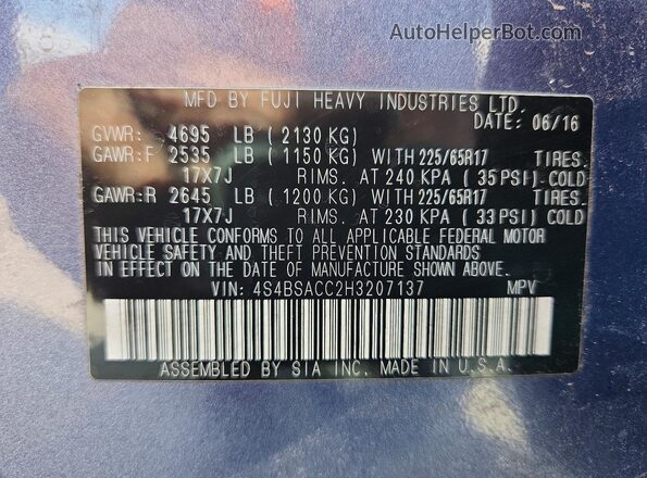 4S4BSACC2H3207137 2017 SUBARU OUTBACK Синий Вид наклейки с VIN-кодом