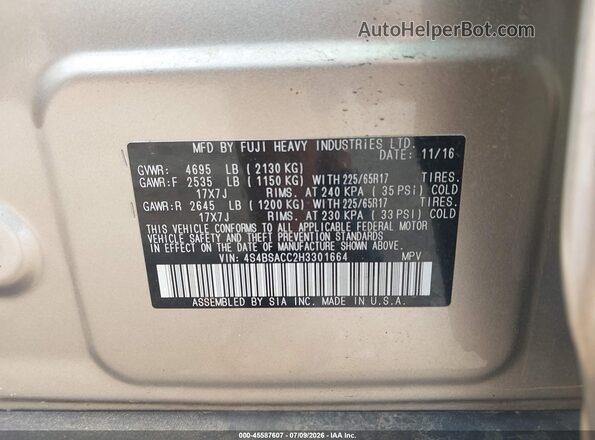 4S4BSACC2H3301664 2017 SUBARU OUTBACK Silver ძრავის განყოფილების ხედი