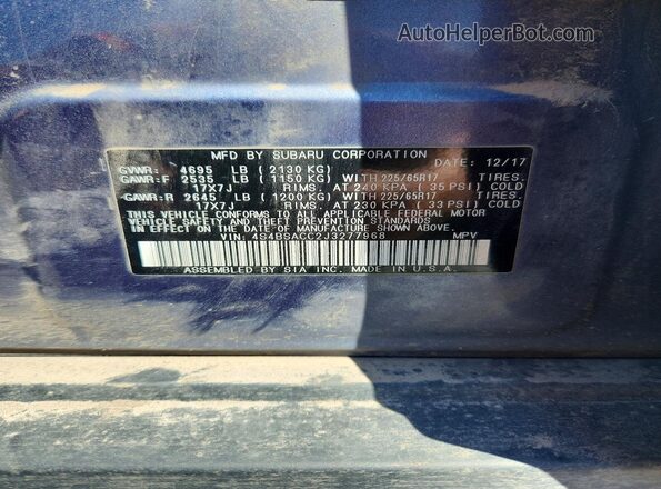 4S4BSACC2J3277968 2018 SUBARU OUTBACK Blue Vista de la etiqueta del VIN