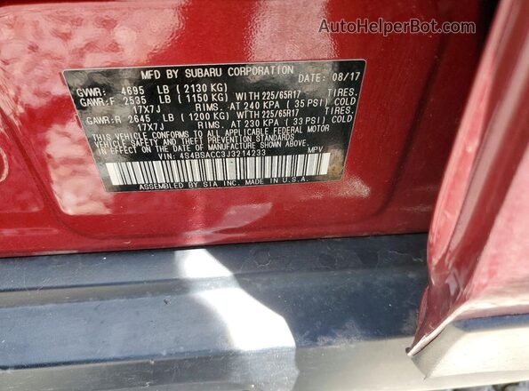 4S4BSACC3J3214233 2018 SUBARU OUTBACK Темно-бордовый Вид наклейки с VIN-кодом