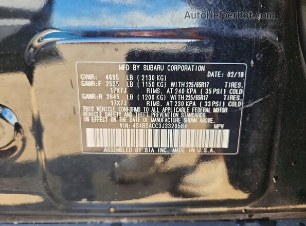 4S4BSACC3J3320584 2018 SUBARU OUTBACK Black Вид наклейки з VIN-кодом