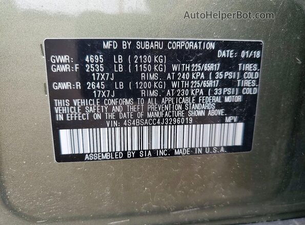 4S4BSACC4J3296019 2018 SUBARU OUTBACK Green VIN կոդի պիտակի տեսք