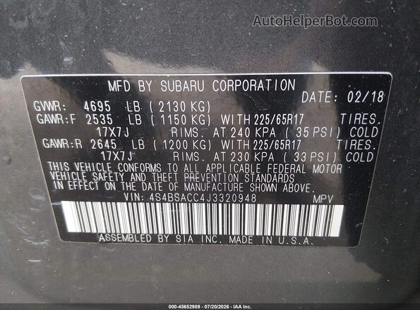 4S4BSACC4J3320948 2018 SUBARU OUTBACK Gray Engine compartment view