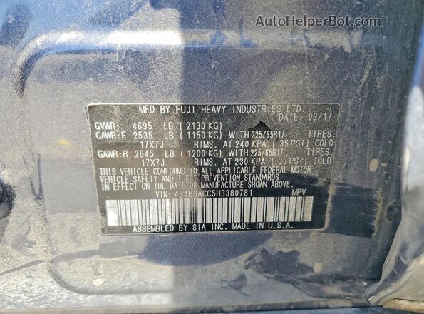 4S4BSACC5H3380781 2017 SUBARU OUTBACK Gray Widok naklejki z numerem VIN