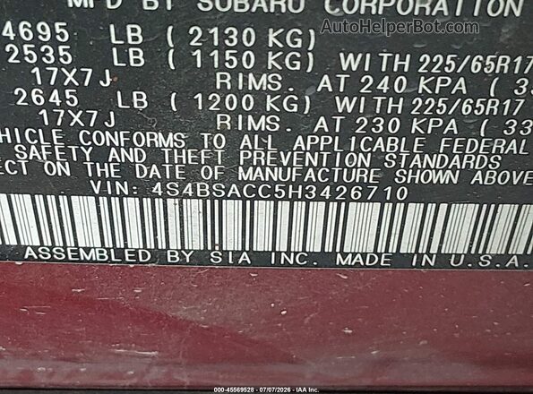 4S4BSACC5H3426710 2017 SUBARU OUTBACK Maroon Engine compartment view