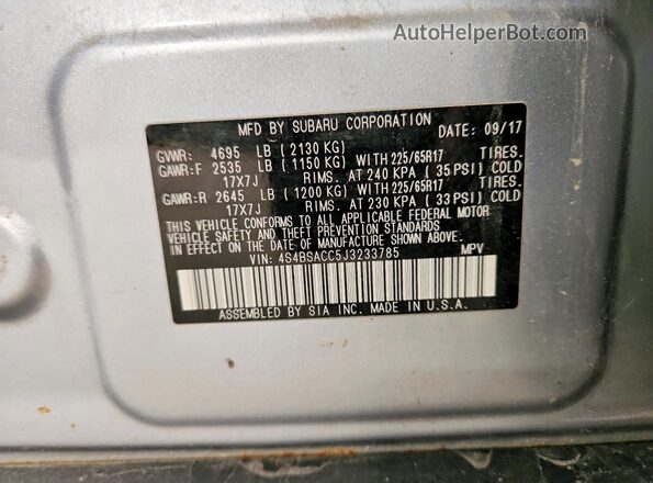 4S4BSACC5J3233785 2018 SUBARU OUTBACK Серебряный Вид наклейки с VIN-кодом