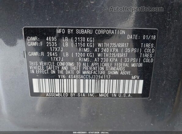 4S4BSACC5J3294117 2018 SUBARU OUTBACK Серый Вид подкапотного пространства