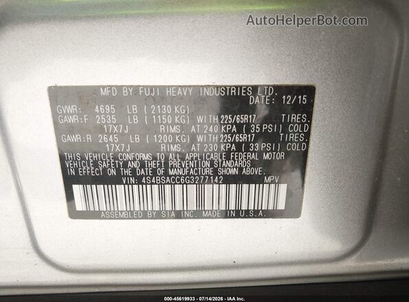 4S4BSACC6G3277142 2016 SUBARU OUTBACK Silver Շարժիչի բաժամունքի տեսք