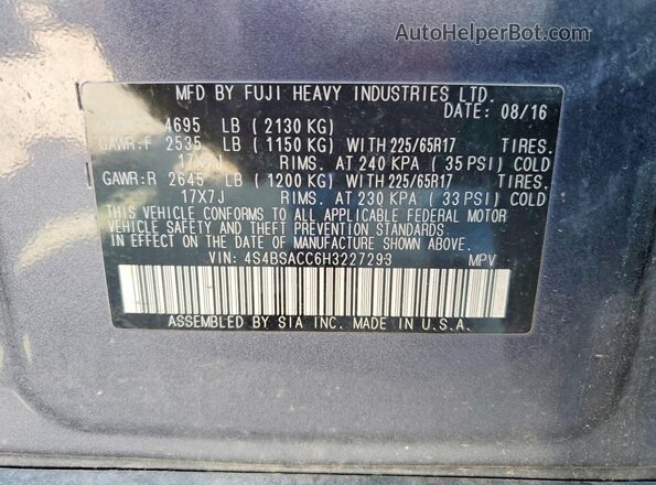 4S4BSACC6H3227293 2017 SUBARU OUTBACK Blue Vista de la etiqueta del VIN