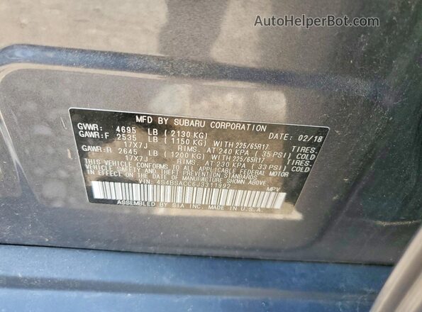 4S4BSACC6J3311992 2018 SUBARU OUTBACK Gray VIN კოდის სტიკერის ხედი