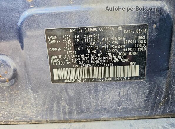 4S4BSACC6J3365812 2018 SUBARU OUTBACK Blue Widok naklejki z numerem VIN