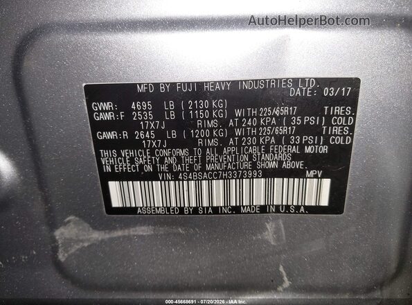 4S4BSACC7H3373993 2017 SUBARU OUTBACK Silver Widok komory silnika