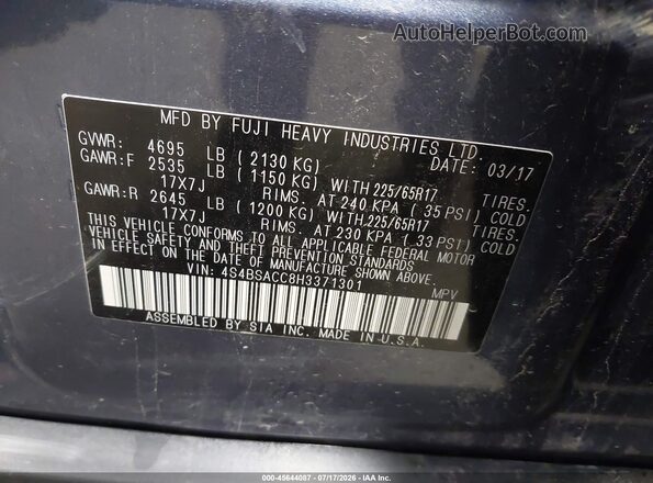4S4BSACC8H3371301 2017 SUBARU OUTBACK Blue Widok komory silnika