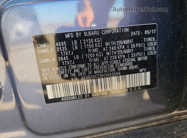 4S4BSACC8H3403566 2017 SUBARU OUTBACK Gray Вид підкапотного простору
