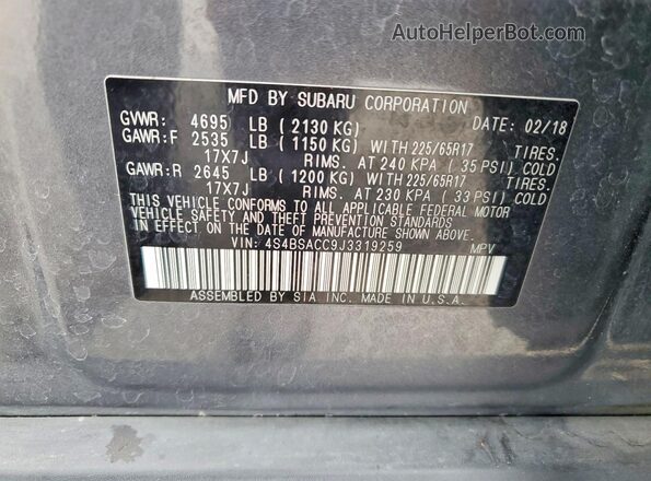 4S4BSACC9J3319259 2018 SUBARU OUTBACK Gray Vista de la etiqueta del VIN
