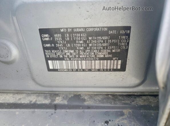 4S4BSACCXJ3344770 2018 SUBARU OUTBACK Silver VIN կոդի պիտակի տեսք