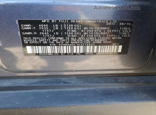 4S4BSADC1G3218692 2016 SUBARU OUTBACK Blue Widok naklejki z numerem VIN