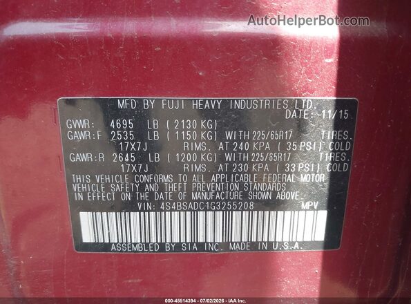 4S4BSADC1G3255208 2016 SUBARU OUTBACK Red Շարժիչի բաժամունքի տեսք