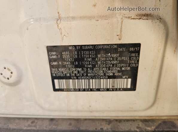 4S4BSADC1J3224659 2018 SUBARU OUTBACK White Vista de la etiqueta del VIN