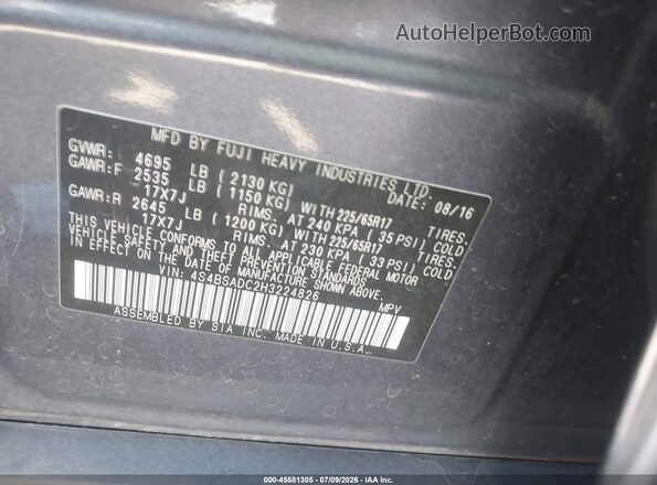4S4BSADC2H3224826 2017 SUBARU OUTBACK Blue Շարժիչի բաժամունքի տեսք