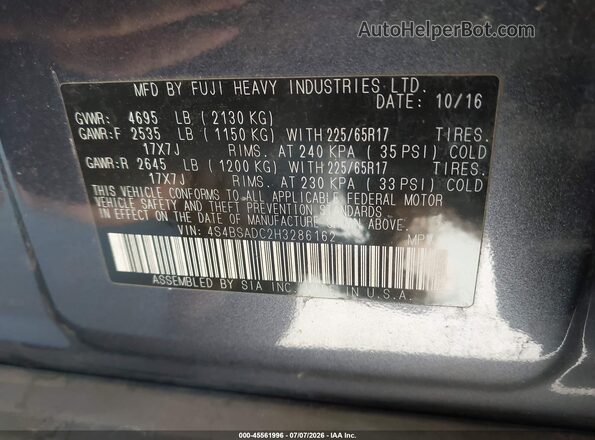 4S4BSADC2H3286162 2017 SUBARU OUTBACK Blue Widok komory silnika