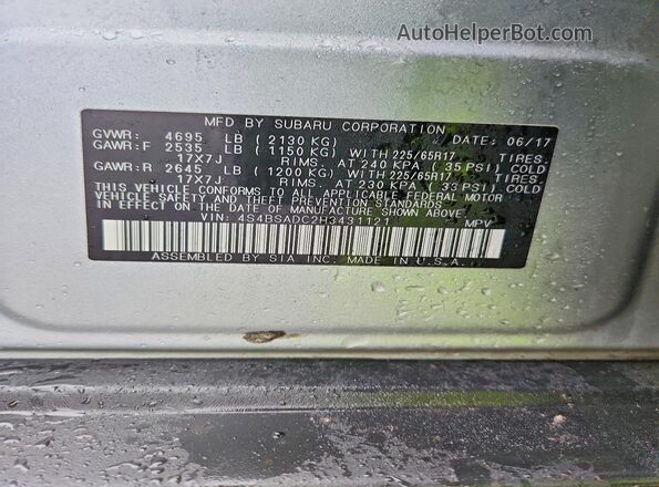 4S4BSADC2H3431121 2017 SUBARU OUTBACK Silver VIN კოდის სტიკერის ხედი