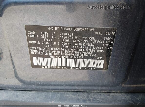 4S4BSADC3J3347377 2018 SUBARU OUTBACK Blue Շարժիչի բաժամունքի տեսք