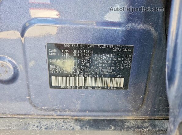 4S4BSADC4H3224794 2017 SUBARU OUTBACK Blue VIN sticker view