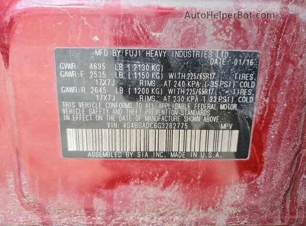 4S4BSADC6G3282775 2016 SUBARU OUTBACK Red Вид підкапотного простору