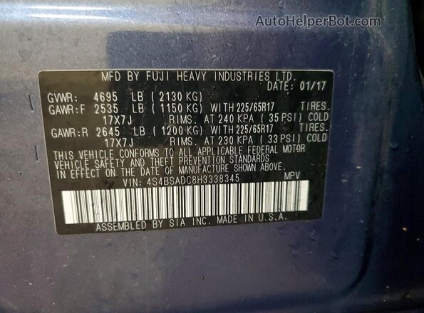 4S4BSADC8H3338345 2017 SUBARU OUTBACK Blue Widok naklejki z numerem VIN