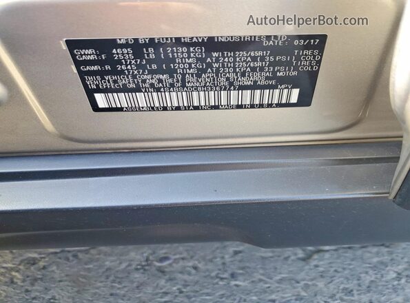 4S4BSADC8H3367747 2017 SUBARU OUTBACK Желто-коричневый Вид наклейки с VIN-кодом