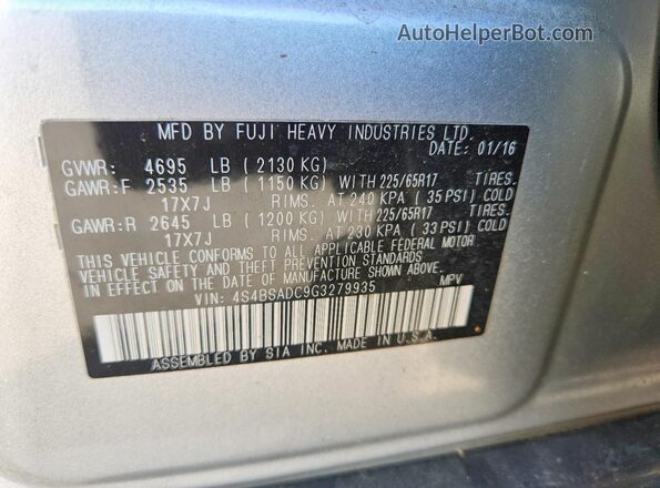 4S4BSADC9G3279935 2016 SUBARU OUTBACK Silver Widok komory silnika