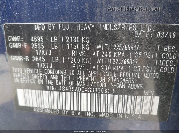 4S4BSADCXG3320833 2016 SUBARU OUTBACK Синий Вид подкапотного пространства