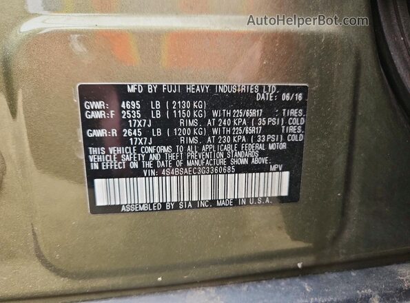 4S4BSAEC3G3360685 2016 SUBARU OUTBACK Green Vista del compartimento del motor