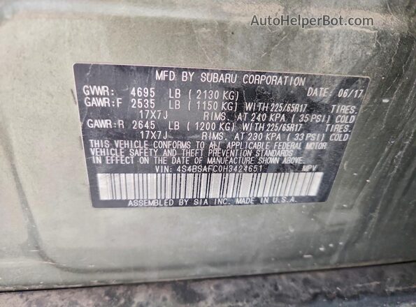 4S4BSAFC0H3424651 2017 SUBARU OUTBACK Green Vista de la etiqueta del VIN