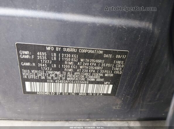 4S4BSAFC0J3234466 2018 SUBARU OUTBACK Blue Vista del compartimento del motor